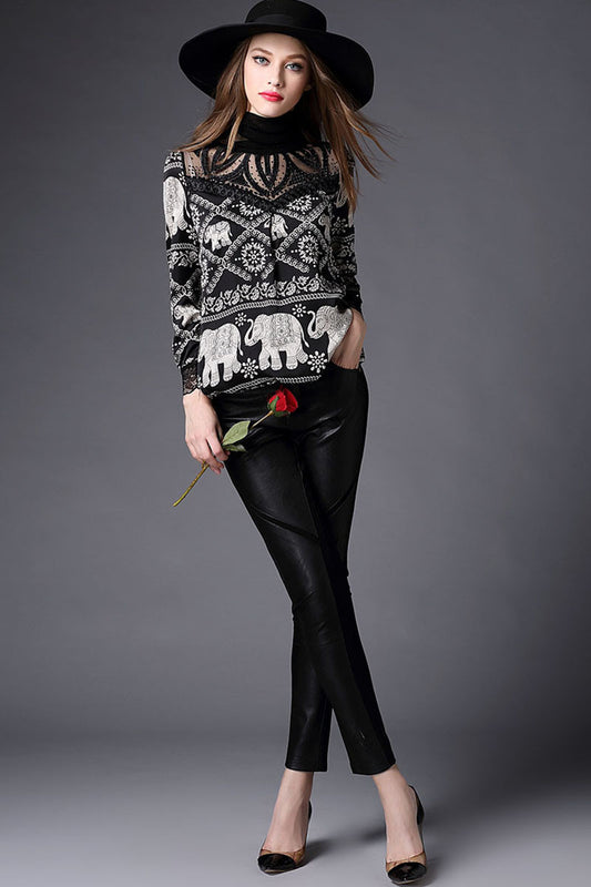 High Neck See Through Mesh Patch Elephant  Retro Print Pullover Top