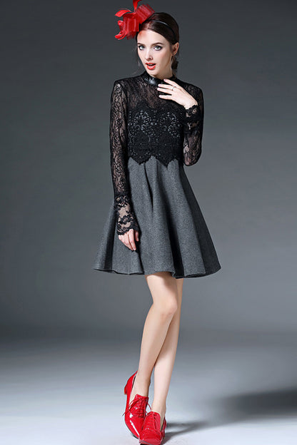 Little High Neck See Through Lace Patch Mini Dress - NJOYDRESS - 6