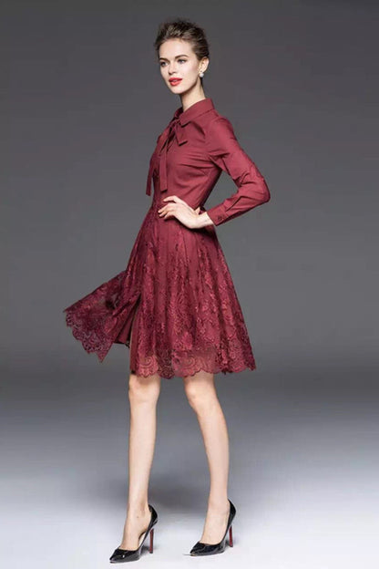 Roll Collar With Bowknot Lace Patch Dress - NJOYDRESS - 2