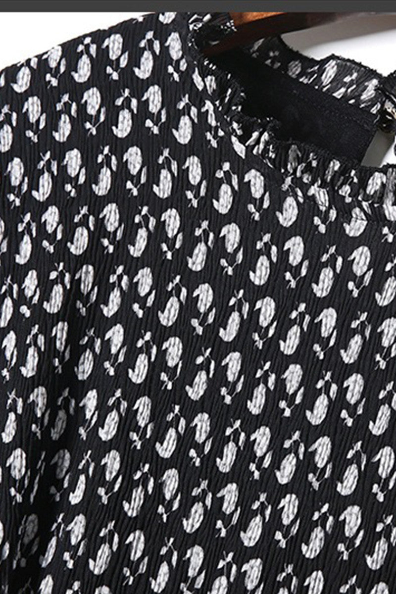 Flare Neck Pattern Print Hollow Out Back Lacing Waist Mini Dress