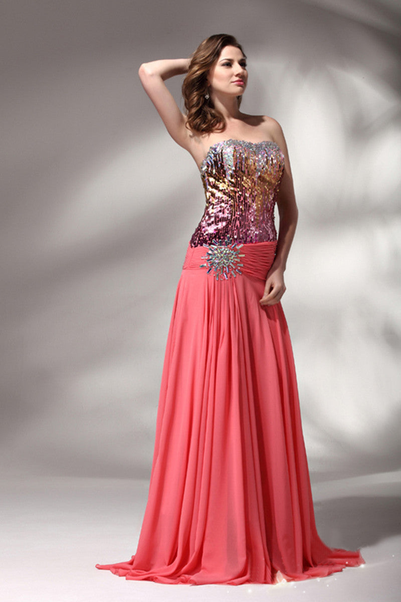 Strapless Sweetheart Sequin Beaded Flare Runched Dress
