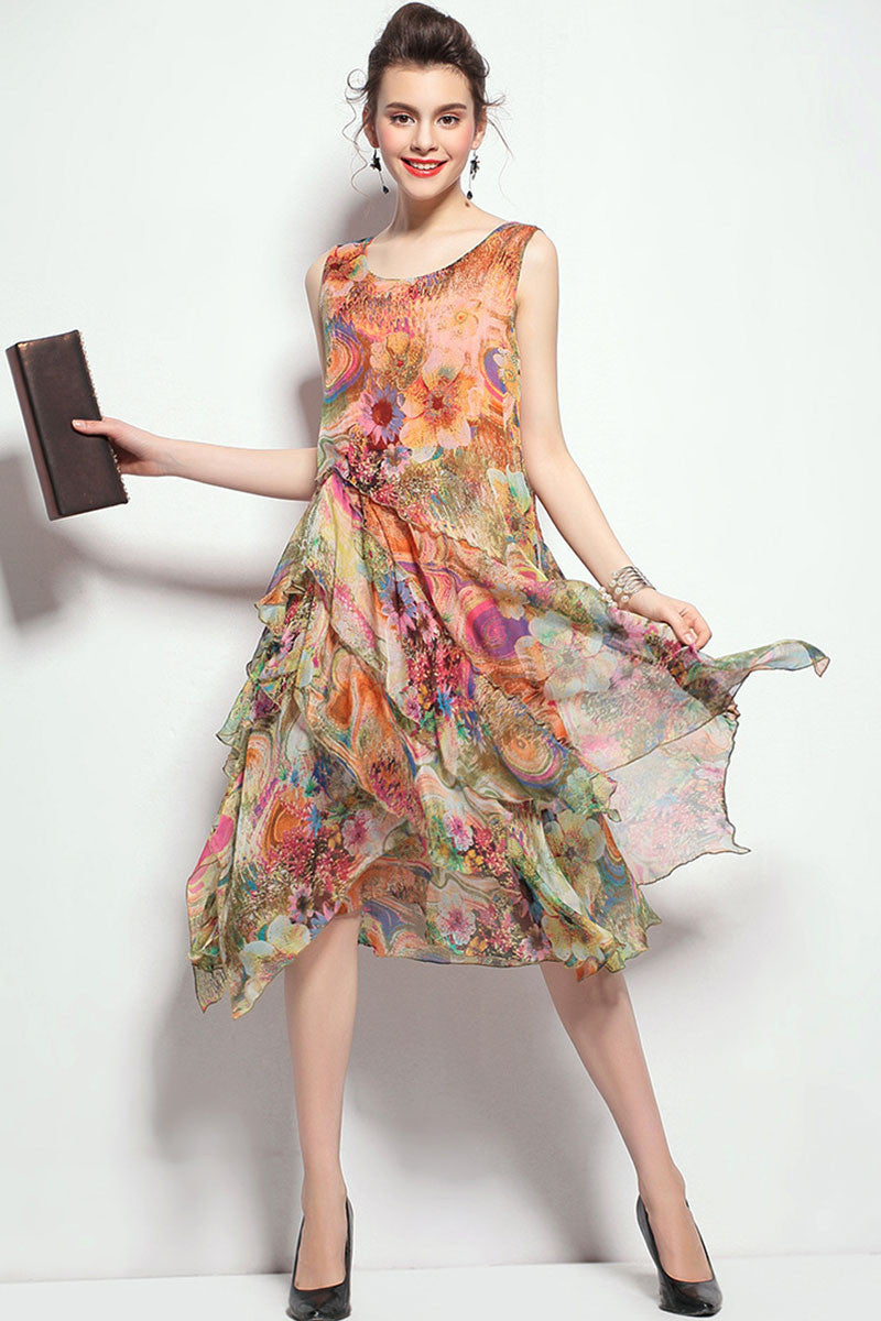 Round Collar Colorful Printed Chiffon Flare Dress