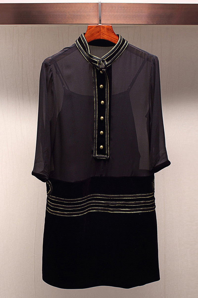 Stand Collar See Through  Sheer Shoulder Dress