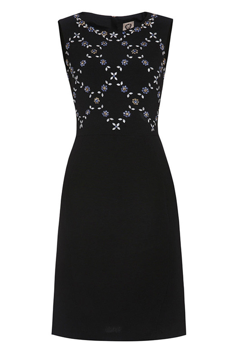 Round Collar Sleeveless Floral Beaded Slim Dress