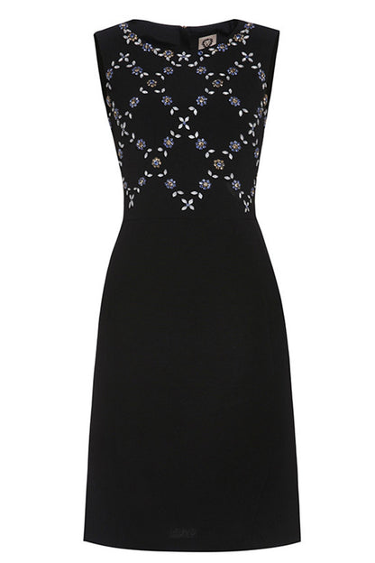 Round Collar Sleeveless Floral Beaded Slim Dress