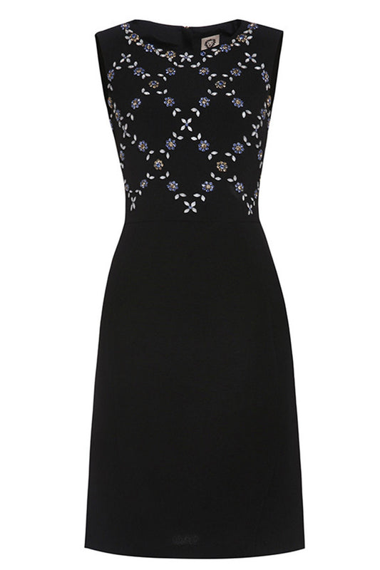 Round Collar Sleeveless Floral Beaded Slim Dress