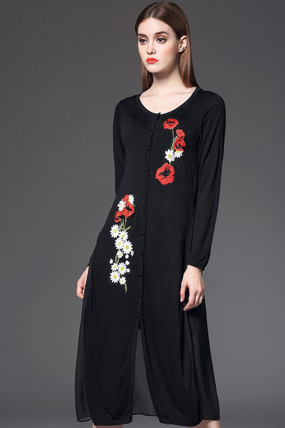 Round Collar Embroidered Flowers Button  Knit Midi Dress