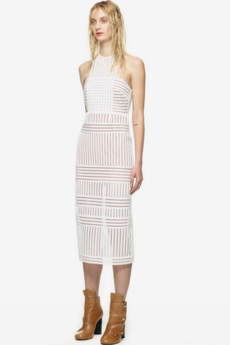 Cross Stripe Lace Midi Club Dress