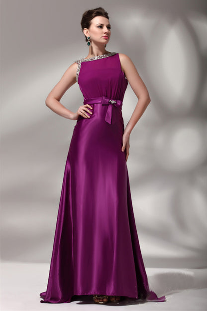 Bling Sequin Boat Neck Attatched Bowknot Slim Gown Dress