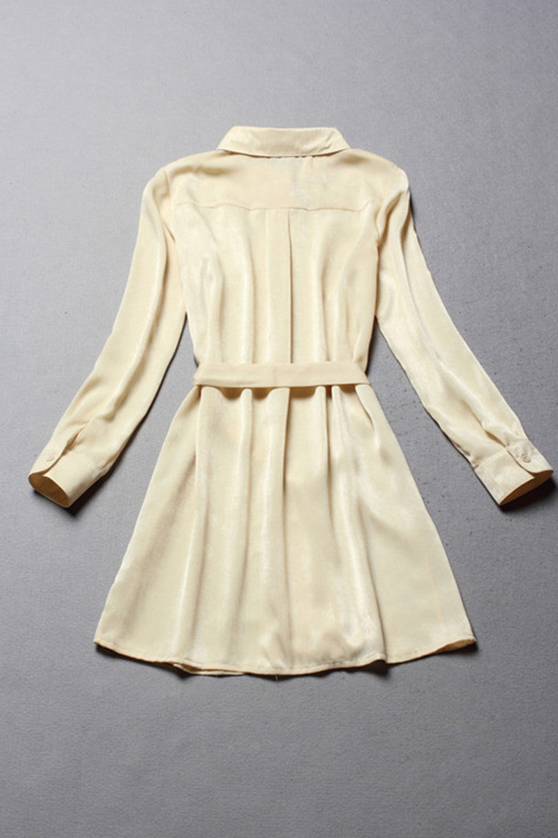 Lapel Neck Suede Lacing Waist Shirt Dress