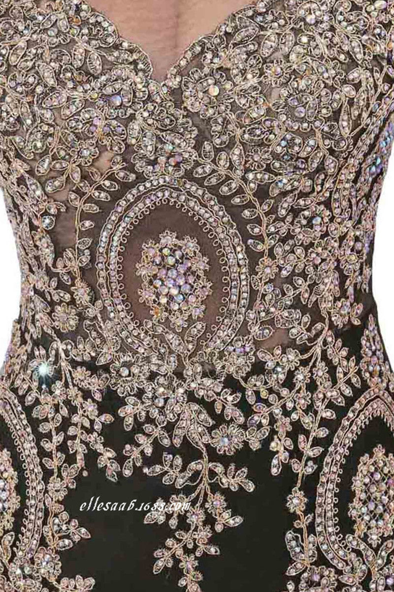 Sequin Beaded Rhinestone Illusion Mesh Mermaid Long Dress