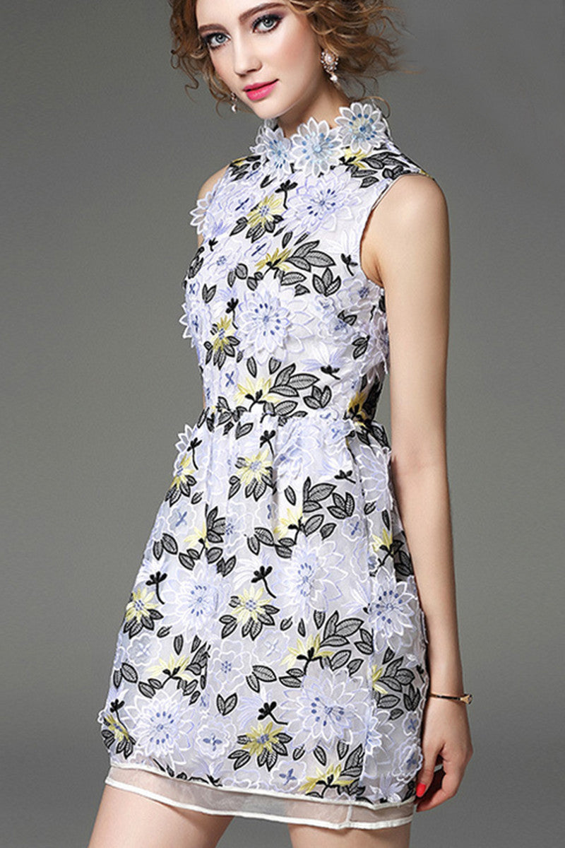 Stand Collar Petal Flowers Embroidered Mesh Patch Shirring Waist Dress