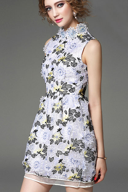 Stand Collar Petal Flowers Embroidered Mesh Patch Shirring Waist Dress