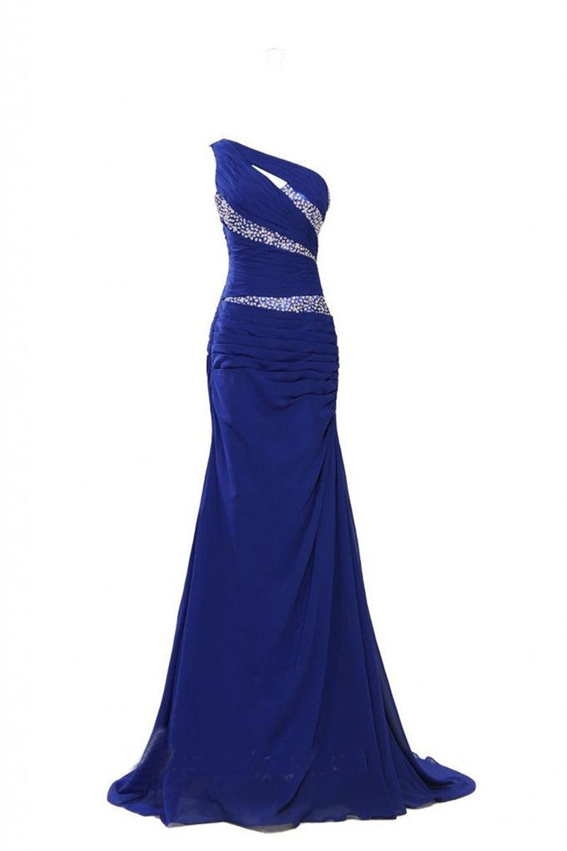 One Shoulder Beaded Slim Backless Floor Length Evening Gown Dress