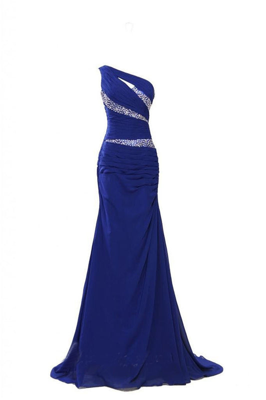 One Shoulder Beaded Slim Backless Floor Length Evening Gown Dress