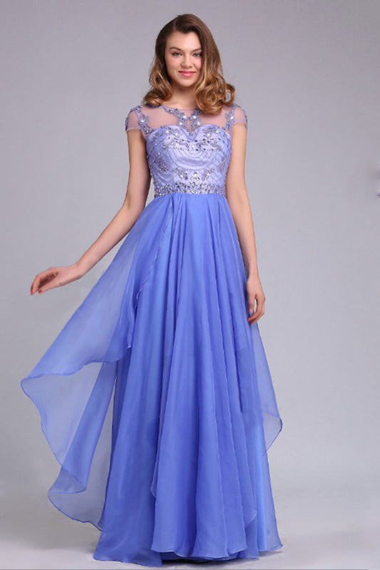 Long Beads Prom Dress Tulle Cap Sleeve Irregular Evening Dress