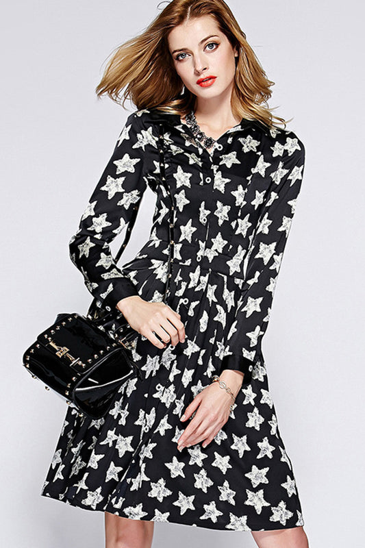 Star Pattern Button Down Flared Shirt Dress