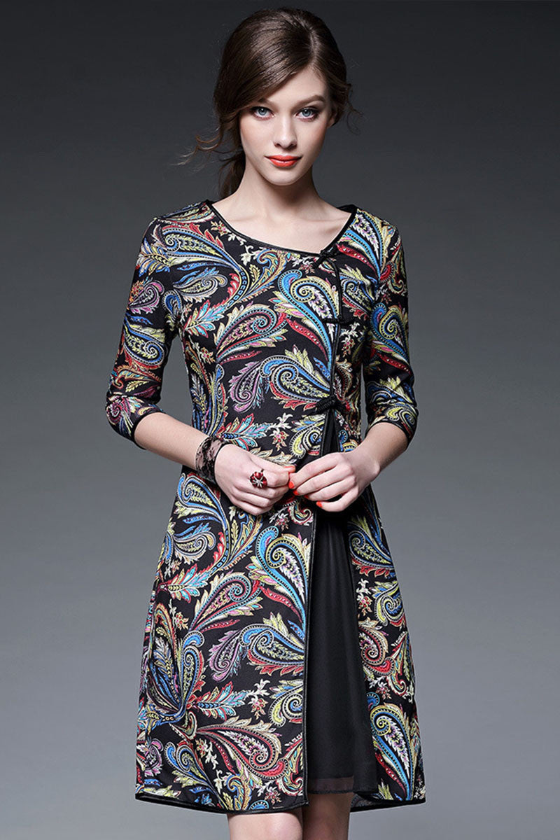 Round Collar Elegant Pattern Chffon Patch Chi-Pao Dress - NJOYDRESS - 3