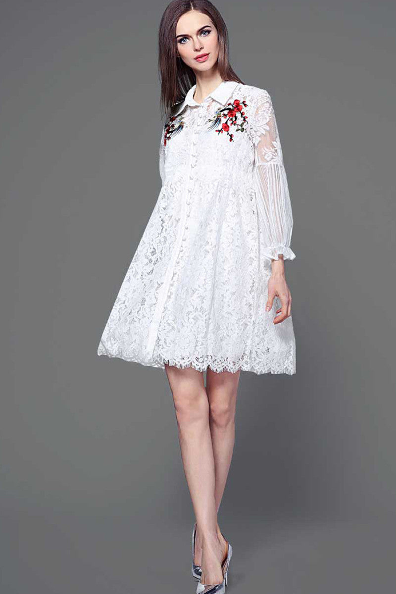 WOMEN'S CASUAL POLO NECK LACE LONG SLEEVE DRESS