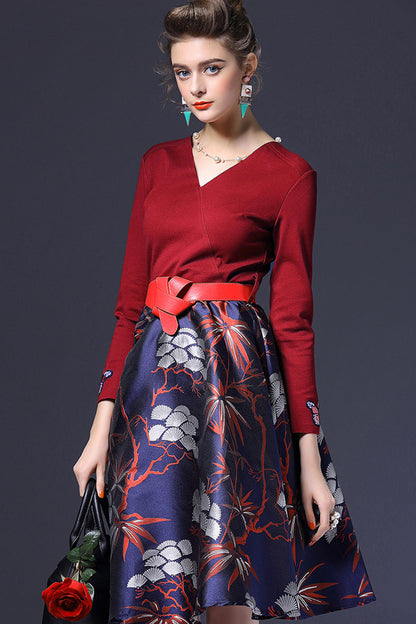 V-Neck Slim-and-Flared Dress With Butterfly Embroidered On Sleeve