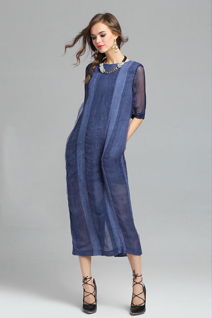 Rural Round Neck Linen Short Sleeve Mixi Dress