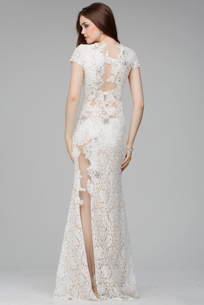 Floral Lace See-though Round neck Cap Sleeve Party Dress