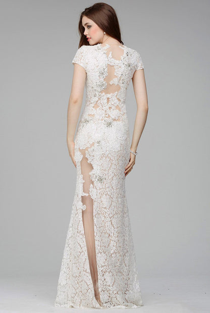 Floral Lace See-though Round neck Cap Sleeve Party Dress