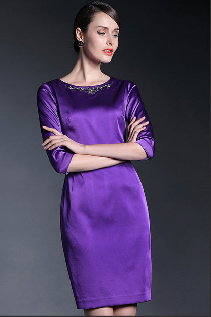 Thick Satin Midi Dress With Beaded Necklace