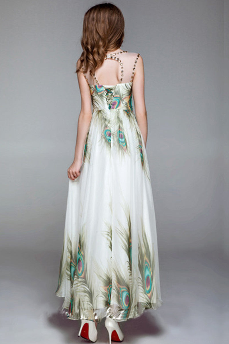 Round Collar Bead Sheer Mesh Peacock Print Hollow-Out Back Gown