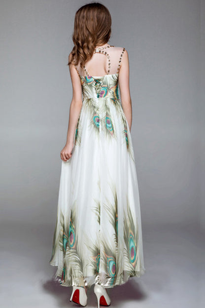Round Collar Bead Sheer Mesh Peacock Print Hollow-Out Back Gown