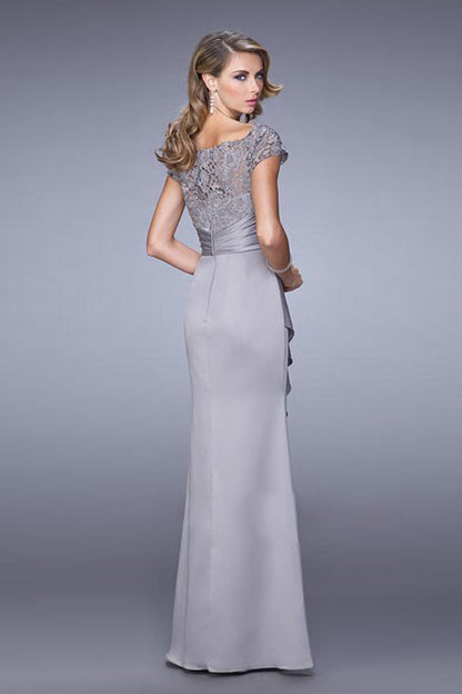 Boat Neck Hollow-Out Lace Irregular Flare Ruched Empire Waist Evening Dress