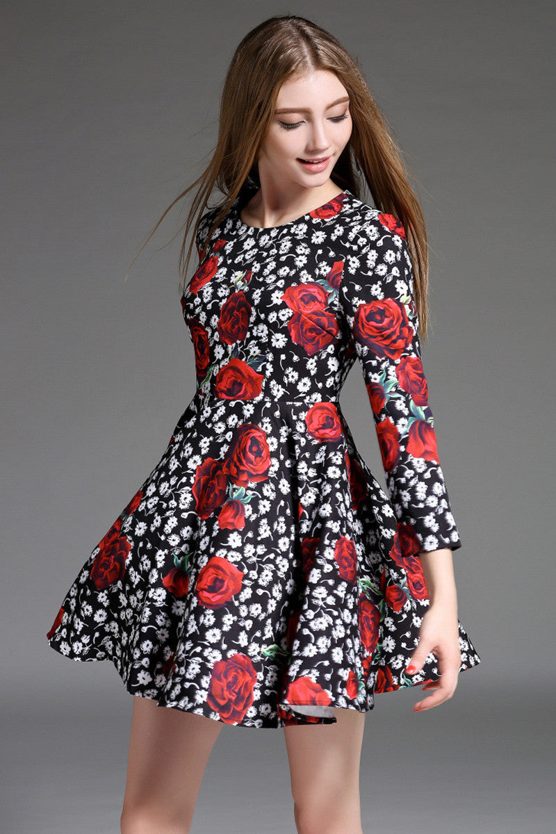 3/4 Sleeve Rose Floral Flared Dress