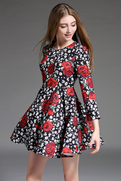 3/4 Sleeve Rose Floral Flared Dress