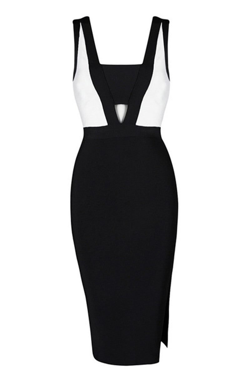 Low Cut Color Block Side Slit Bodycon Club Dress