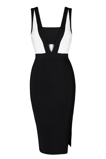 Low Cut Color Block Side Slit Bodycon Club Dress