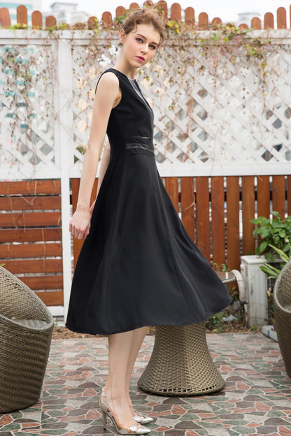 Round Collar PU Patch Slim Empire Waist Flare Dress