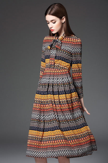Bowknot Lacing Neck Pope Printing Swing Midi Dress