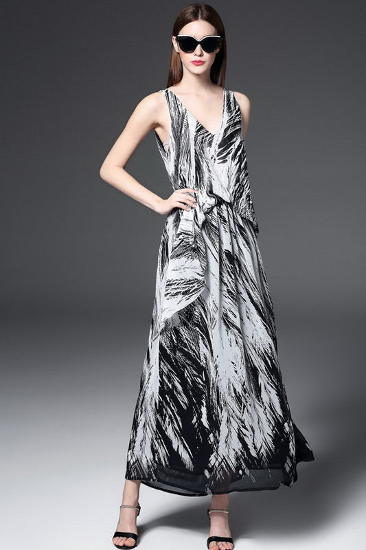 Deep V Neck Printing Irregularity Hem Empire Mixi Dress