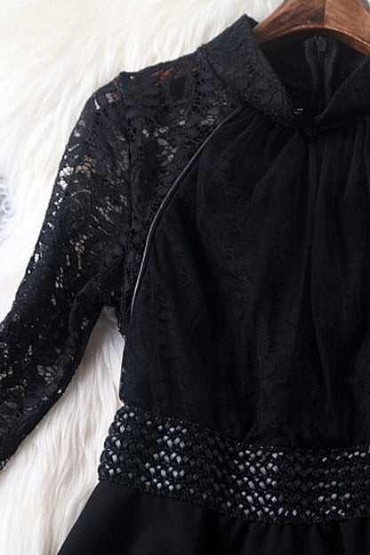Stand Collar Hollow-Out Lace Patch Empire Waist Pleat Dress