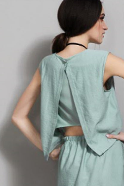 Layered Back Scoop Back Waist Linen Casual Midi Dress