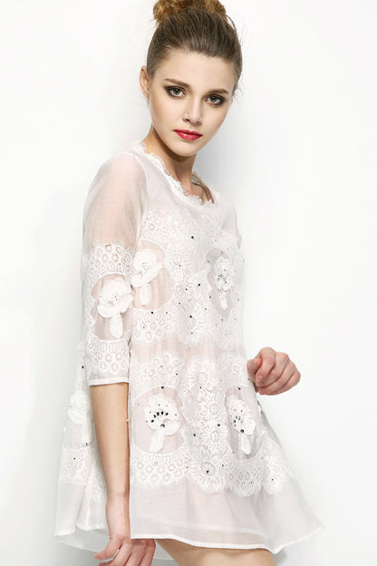 Lace Round Neck Stitchwork Loose Tops