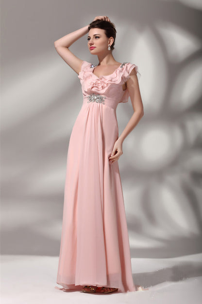 Deep V Neck Bling Beaded  Flare Hem High Waist Gown  Dress
