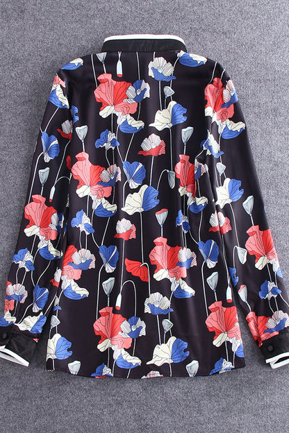 Little Turtle Neck Color Block Lotus Pattern Shirt - NJOYDRESS - 2