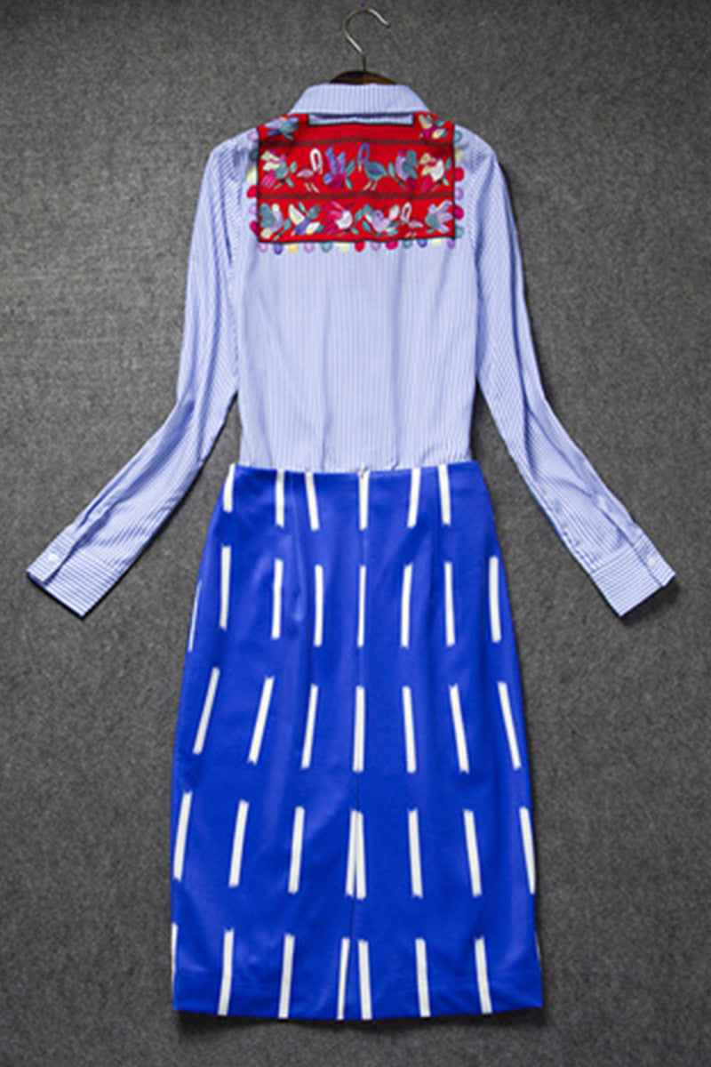 Stripe Printing Shirts With Dotted Line Pattern Pencil Dress