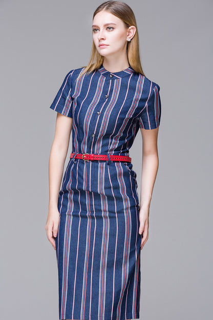 Multi Stripe Short Sleeve Small MockCollar Dress