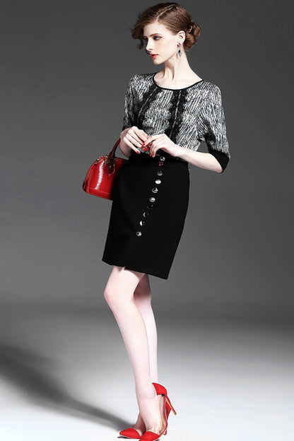 Round Collar Lace Patch Tunic Fitted Wrap Strecth Dress