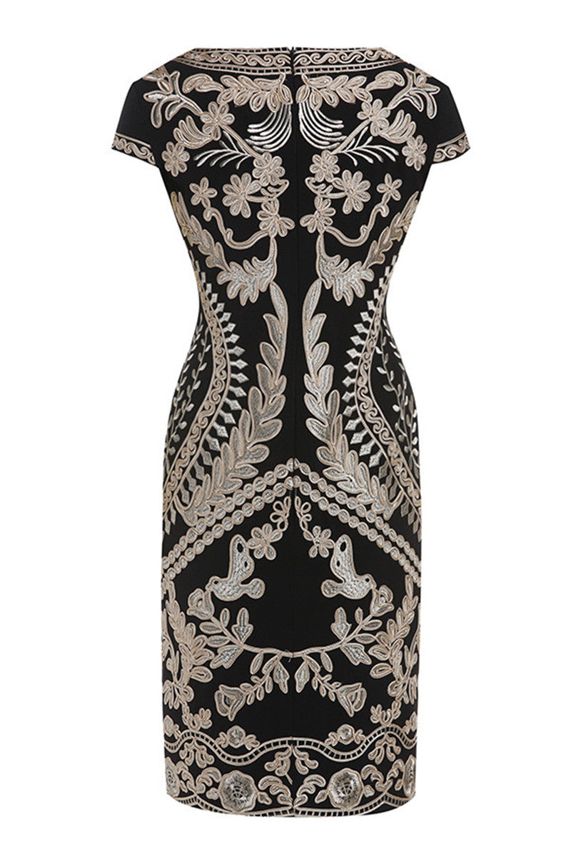 Round Collar Full   Embroidery Pattern Slim Elegant Dress
