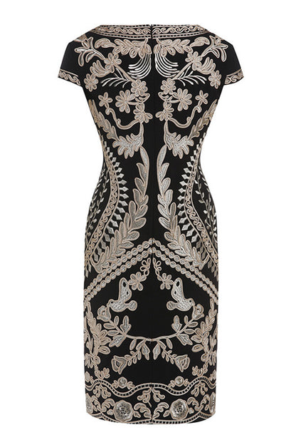 Round Collar Full   Embroidery Pattern Slim Elegant Dress