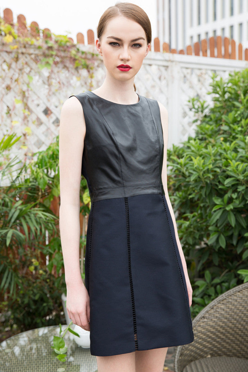 Round Collar Lamskin Patch Slim Dress