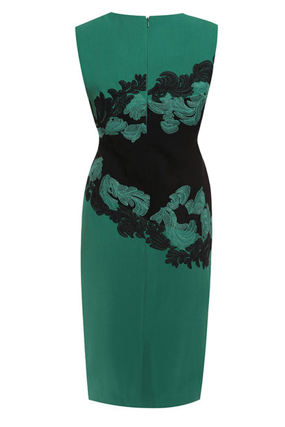 Round Collar Sleeveless Floral Embroidery Slim Dress